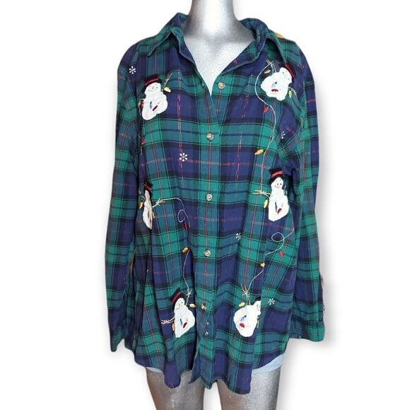 Vintage Victoria Jones Plaid Button Down – Blue/Green Snowman Print - Picture 4 of 9